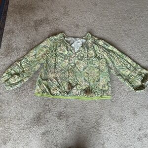 Liverpool Women's Tie Front Shirred Blouse With Trim Green Pink Paisley Tassel M